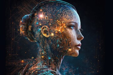 Futuristic woman robot, 3d rendering of a digital female face. Generative AI.