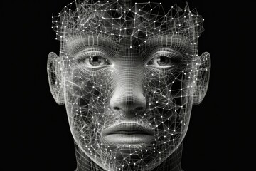 3D render of wireframe human face front view isolated on black background. Generative AI - obrazy, fototapety, plakaty