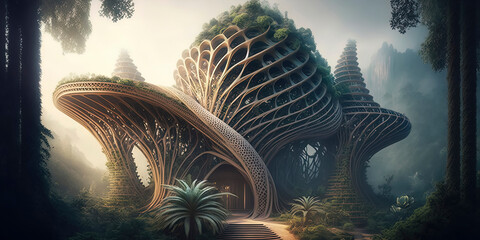 magical futuristic dinosaur temple, biophilic biomimetic organic fractal architecture, misty forest environment