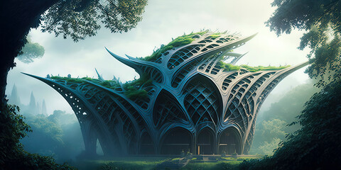 magical futuristic dinosaur temple, biophilic biomimetic organic fractal architecture, misty forest environment AI-Generated