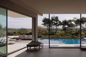 Fototapeta na wymiar Modern patio outdoor with swimming pool. Modern house interior and exterior design 