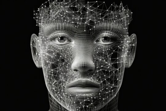 3D render of wireframe human face front view isolated on black background. Generative AI