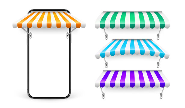 Smartphone with shop sunshade and metal mount, online internet shopping. Realistic striped cafe awning. Outdoor market tent. Roof canopy. Summer street store. Vector illustration