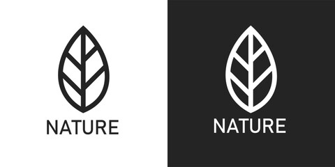 black and white leaf nature logo, icon. nature, natural, plant, leaf, leaves, autumn, growth, garden, gardening, park, decorative, decoration, sticker, clipart, logotype, flat, vector illustration