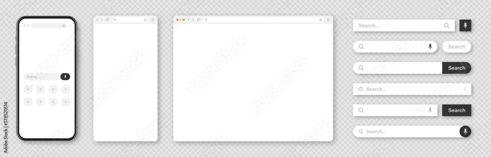 Poster smartphone, blank internet browser window with various search bar templates. web site engine with se