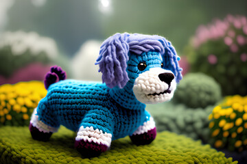 Cute puppy toy in the garden.  Created with ai technologies