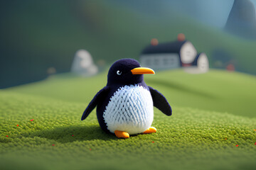Cute penguin on the grass. Created with ai technologies