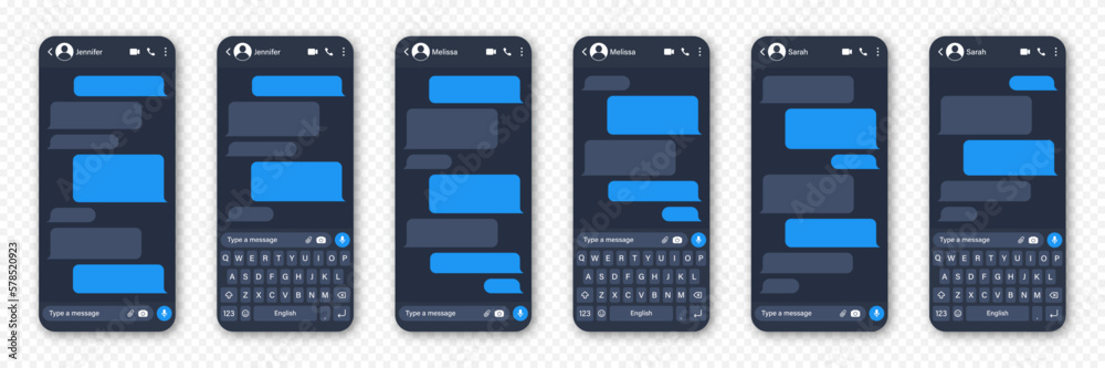Wall mural Messaging app design, user interface. Blank SMS text frame. Conversation chat screen with blue message bubbles. Social media application. Vector illustration.