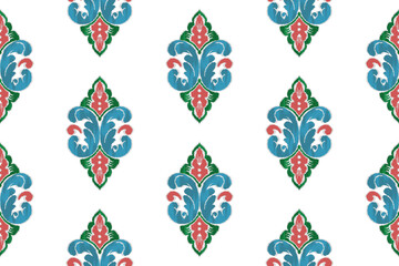 Ikat ethnic seamless pattern design Aztec fabric boho mandalas textile wallpaper tribal native motive carpet ornaments African American Indian folk embroidery vector 