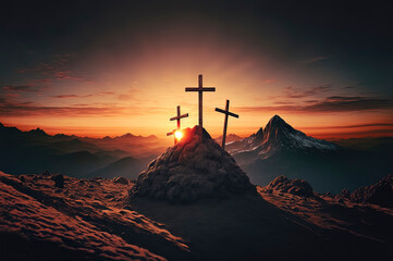 three crosses on the top of the mountain AI-Generated