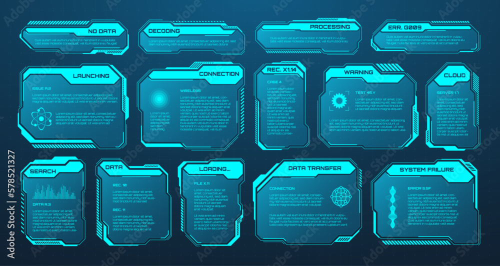 Poster blue futuristic hud or ui elements. sci-fi user interface text boxes, callouts. warning message fram