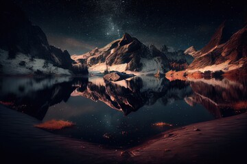 Obraz na płótnie Canvas Dreamscape, pitch black night, starry sky, a still lake. Generative AI.