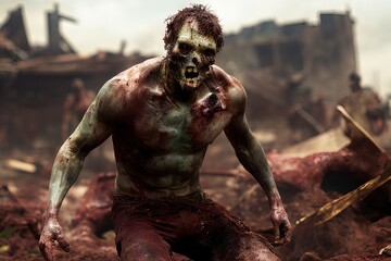 Generative AI standing zombie walking among the ruins of a city, detachment of flesh, bones, teeth, blood and dirty and torn clothes, representation of the apocalypse.