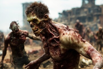 Generative AI male zombie walking in a city destroyed by the end of time, detachment of flesh, blood and broken bones.
