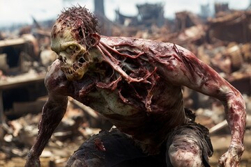 Generative AI zombie walking in a city destroyed by the end of time, detachment of flesh, blood and broken bones.