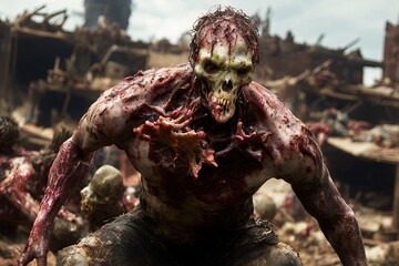 Generative AI male zombie walking in a city destroyed by the end of time, detachment of flesh, blood and broken bones, virus that ended humanity.