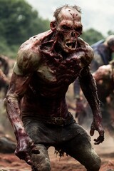 Fototapeta na wymiar Generative AI vertical portrait of a zombie, skull, flesh detachment, blood and horror, walking among ruins.