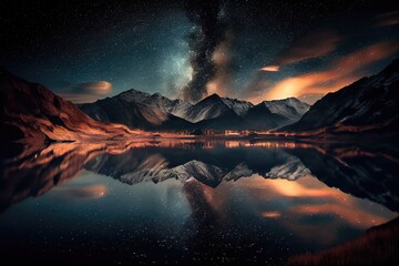 Dreamscape, pitch black night, starry sky, a still lake. Generative AI.