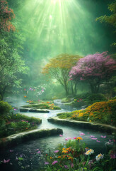 Fototapeta premium A carefully manicured water path through an elvish forest, cozy and delightful colors, autumn features, flowers and butterflies, bubbles and bees