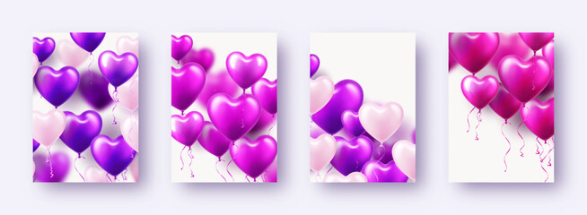 Valentine's Day banners with violet heart balloons. Wedding invitation card template, love background. Mother's Day greeting cards. Beautiful romantic banner. Vector illustration