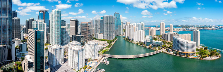 Aerial panorama of Miami, Florida. Miami is a majority-minority city and a major center and leader in finance, commerce, culture, arts, and international trade. - obrazy, fototapety, plakaty