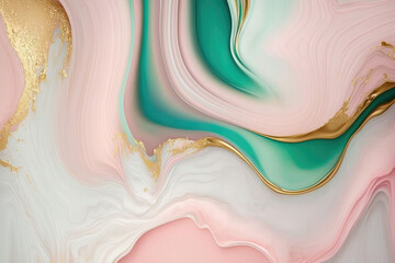 Pink, green and gold marble background. Liquid marble texture. Pastel marble wallpaper.