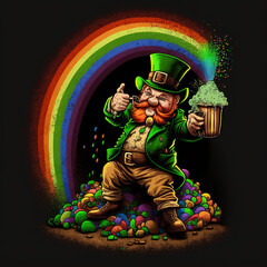 Crazy Leprechaun tossing rainbows and gold, made with generative AI