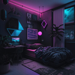 interior of a bedroom, neon noir, made with generative AI
