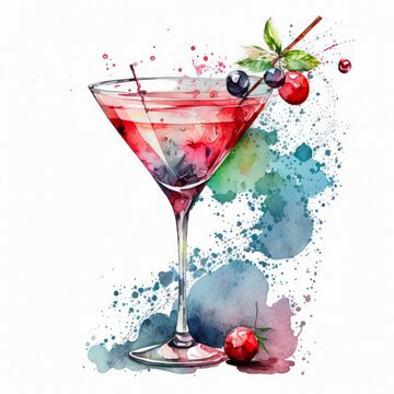 Watercolor Illustration Of A Cosmopolitan Cocktail Isolated On White Background. Digital Art Of A Red Alcoholic Drink In A Transparent Glass. Generative AI.