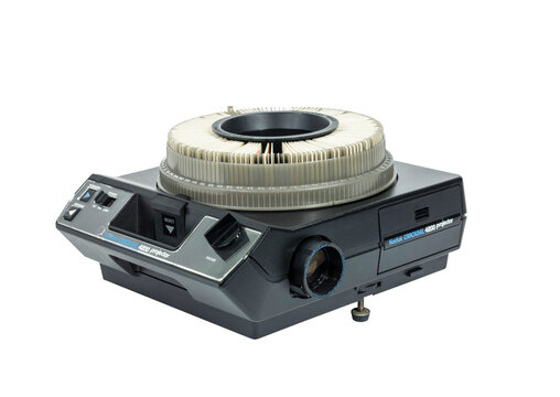 Los Angeles, California, USA - November 9, 2019:  Illustrative editorial photo of old Kodak Carousel Slide Projector model 4200 with cut out background.  Projector was purchased in 1980.  