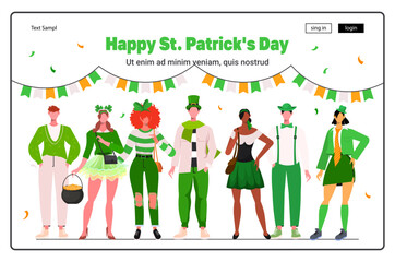  Young company are celebrating in festive green costumes celebrating St. Patrick's Day. Use for modern website design, web page, social networks, landing page.