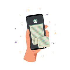 Hand holding smartphone with receipt bill, Bill payment transaction on mobile.