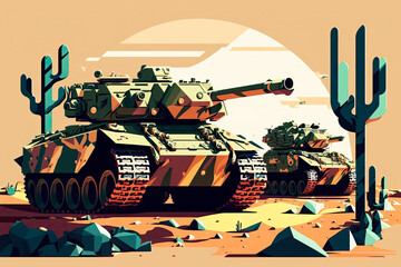 Illustration of tanks, flat design, created with Ai generative technology