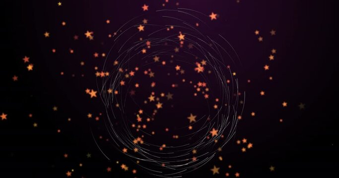 Animation of orange star icons over spinning light trails against black background