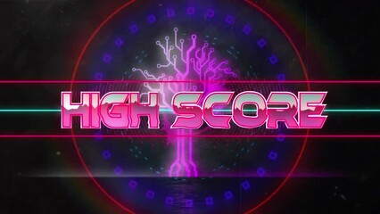 Animation of high score start text on microprocessor connections and neon shapes in seamless pattern - Powered by Adobe