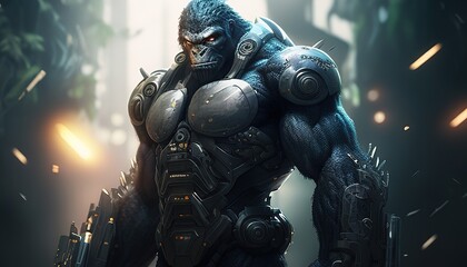 Fototapeta premium cyberpunk gorilla mercenary digital art illustration, Generative AI