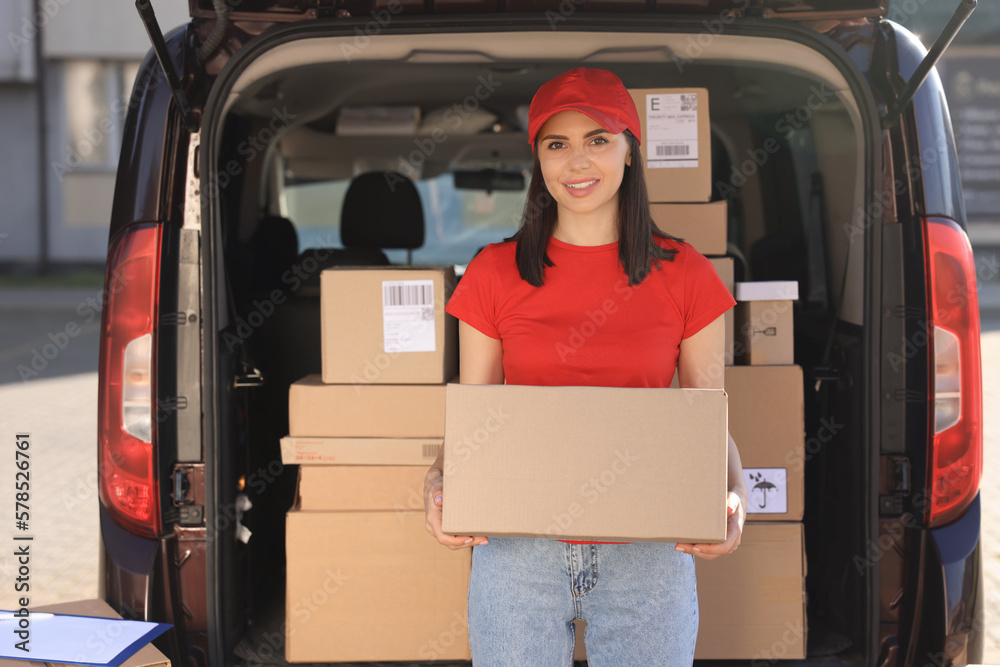 Poster Courier with parcel near delivery van outdoors, space for text