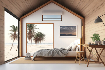 a clean simple bright room with wooden elements, a bed and air conditioning, right on the beach, beach bungalow or beach hotel. Generative AI