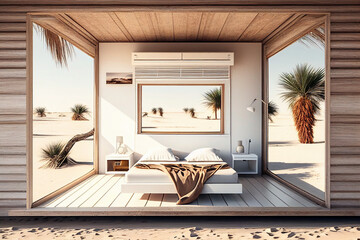 a clean simple bright room with wooden elements, a bed and air conditioning, right on the beach, beach bungalow or beach hotel. Generative AI