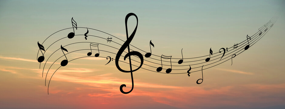 Staff with treble clef and musical notes against sunset sky, banner design