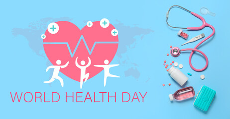 Doctor's supplies on blue background. World Health Day