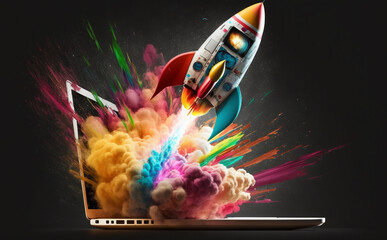 a rocket launches with color drive color engine from a computer laptop. Generative AI