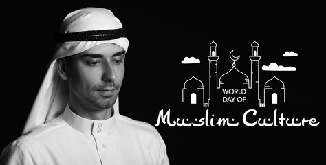 Black and white portrait of handsome Arabian man on dark background. World Day of Muslim Culture