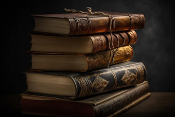 Naklejka premium a vintage pile of old brown leather books on a wood table. Generative AI