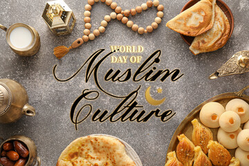 Traditional Arabic food on grey background. World Day of Muslim Culture