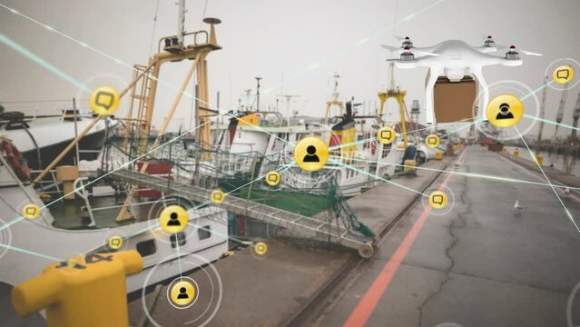 Animation of network of digital icons against flying drone carrying a package at an harbor port