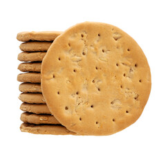 Close up, snack, stack of round cookies or biscuits baked crispy rich tea, and there is one piece in the front, isolated on transparent background.