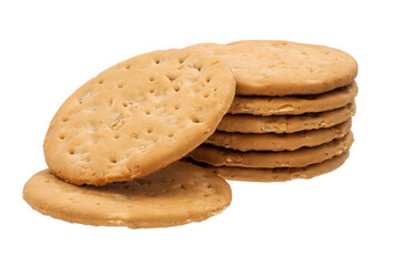 Close up, snack, stack of round cookies or biscuits baked crispy rich tea, isolated on transparent background.