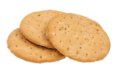 Close up, snack, round cookies or biscuits baked crispy rich tea three pieces stacked together, isolated on transparent background.