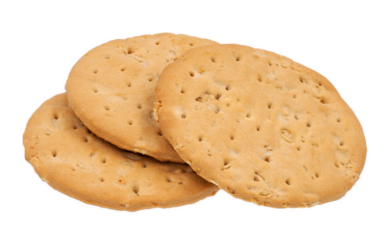 Close up, snack, round cookies or biscuits baked crispy rich tea three pieces stacked together, isolated on transparent background.